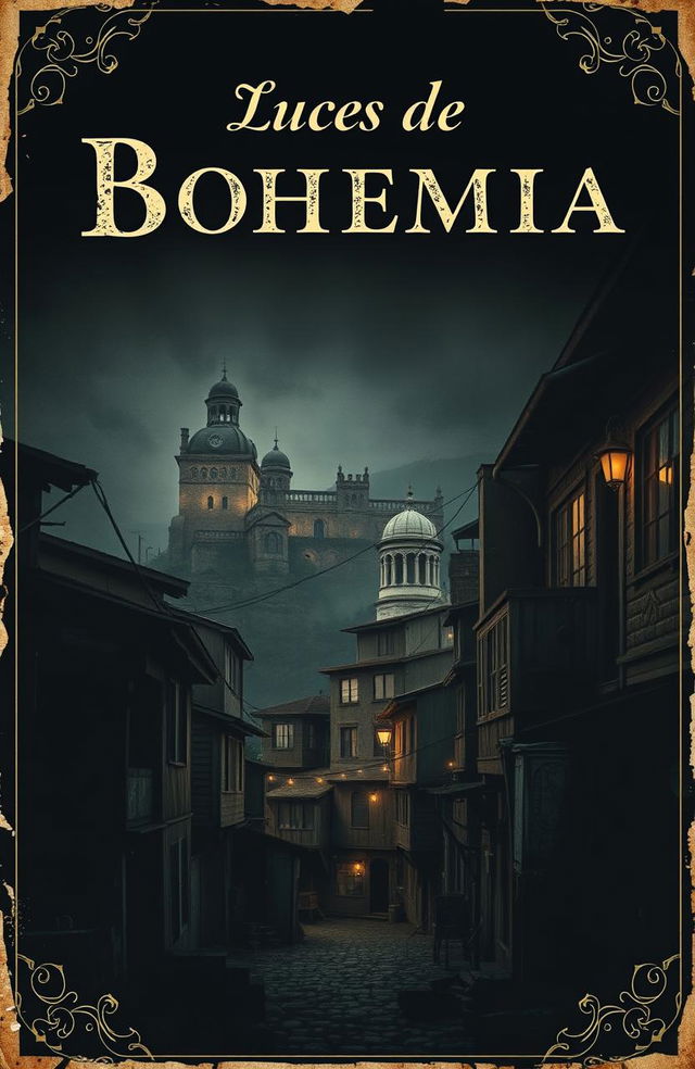 A vintage advertisement poster titled "Luces de Bohemia", featuring an old, dark, and remote city landscape