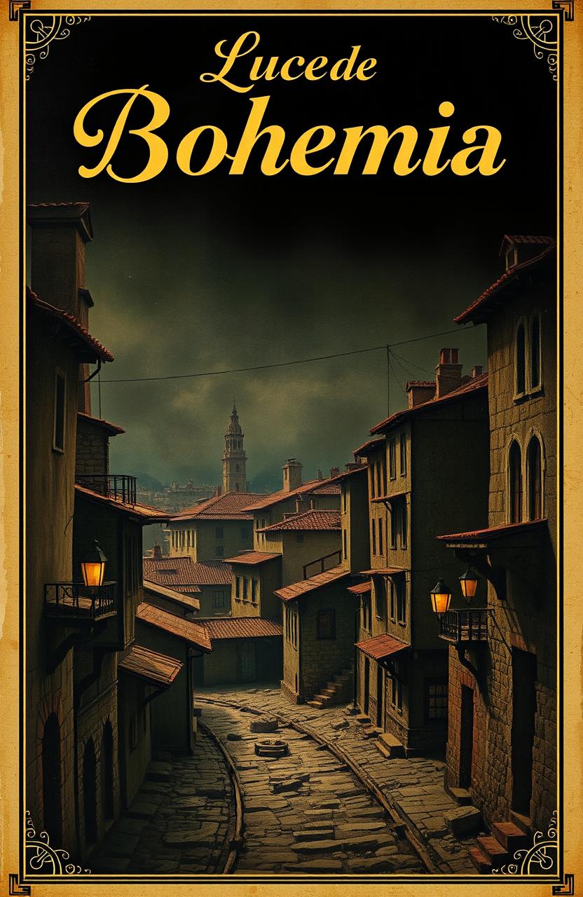 A vintage advertisement poster titled "Luces de Bohemia", featuring an old, dark, and remote city landscape