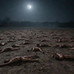 Fallen Roman horsemen lie scattered on the battlefield, arrows protruding from their bodies. The grim scene under a haunting full moon serves as a chilling testament to the ruthless efficiency of King Alex's archers