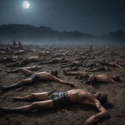 Fallen Roman horsemen lie scattered on the battlefield, arrows protruding from their bodies. The grim scene under a haunting full moon serves as a chilling testament to the ruthless efficiency of King Alex's archers