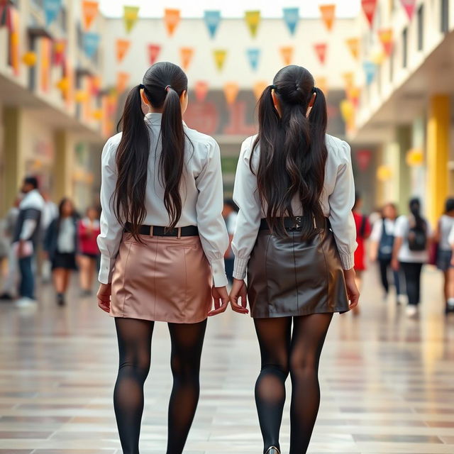 A vibrant full-body portrait of two young Indian girls, both 15 years old, confidently walking together on a lively school ground