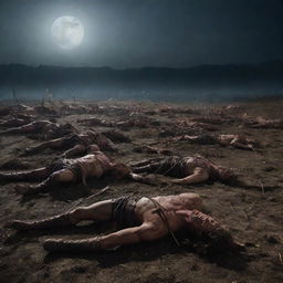 Fallen Roman horsemen lie scattered on the battlefield, arrows protruding from their bodies. The grim scene under a haunting full moon serves as a chilling testament to the ruthless efficiency of King Alex's archers