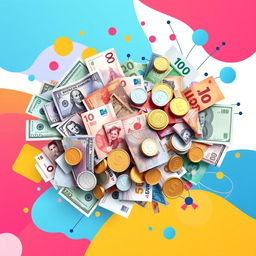 A vibrant and visually striking graphic design featuring a variety of currencies from around the world, including dollar bills, euros, yen, and pounds