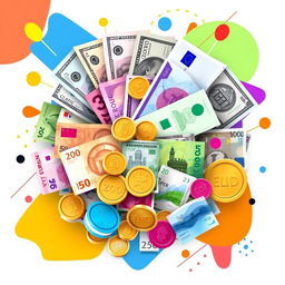 A vibrant and visually striking graphic design featuring a variety of currencies from around the world, including dollar bills, euros, yen, and pounds