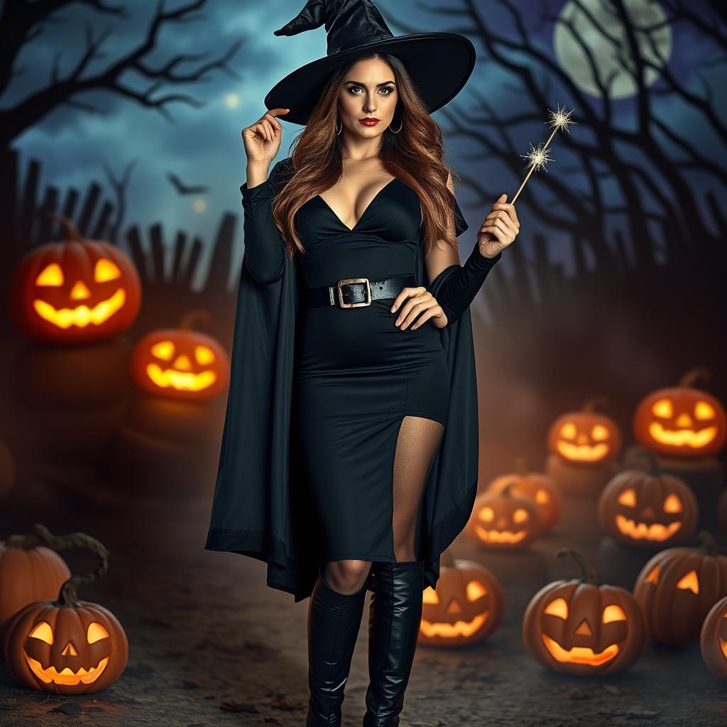 A seductive woman in a Halloween costume, wearing a figure-hugging dark witch ensemble