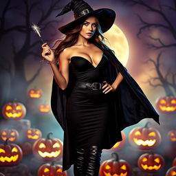 A seductive woman in a Halloween costume, wearing a figure-hugging dark witch ensemble