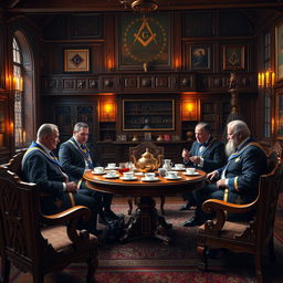 A photorealistic scene depicting a tea ceremony within a Masonic lodge