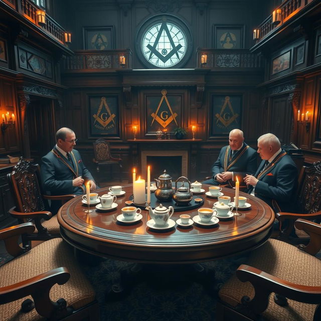 A photorealistic scene depicting a tea ceremony within a Masonic lodge