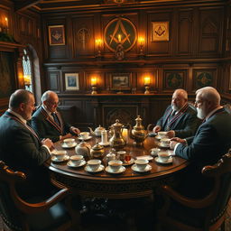 A photorealistic scene depicting a tea ceremony within a Masonic lodge