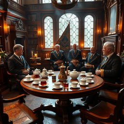 A photorealistic scene depicting a tea ceremony within a Masonic lodge