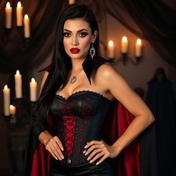A seductive woman dressed in a Halloween costume as a sultry vampire character