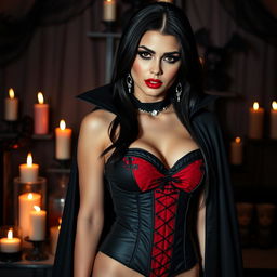 A seductive woman dressed in a Halloween costume as a sultry vampire character