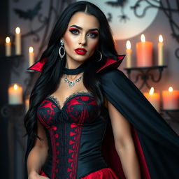 A seductive woman dressed in a Halloween costume as a sultry vampire character