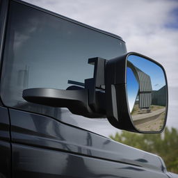 A close-up of the driver's side mirror on a penitentiary bus, showcasing its heavy-duty material and secure design.