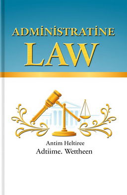A sophisticated book cover design for an administrative law textbook, featuring a stylized depiction of a gavel and scales of justice