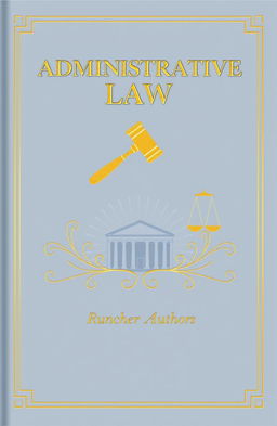 A sophisticated book cover design for an administrative law textbook, featuring a stylized depiction of a gavel and scales of justice