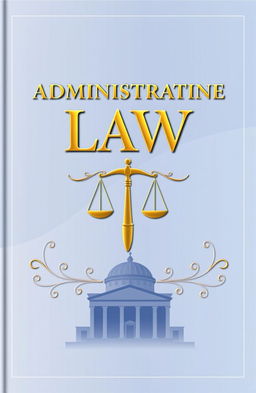 A sophisticated book cover design for an administrative law textbook, featuring a stylized depiction of a gavel and scales of justice