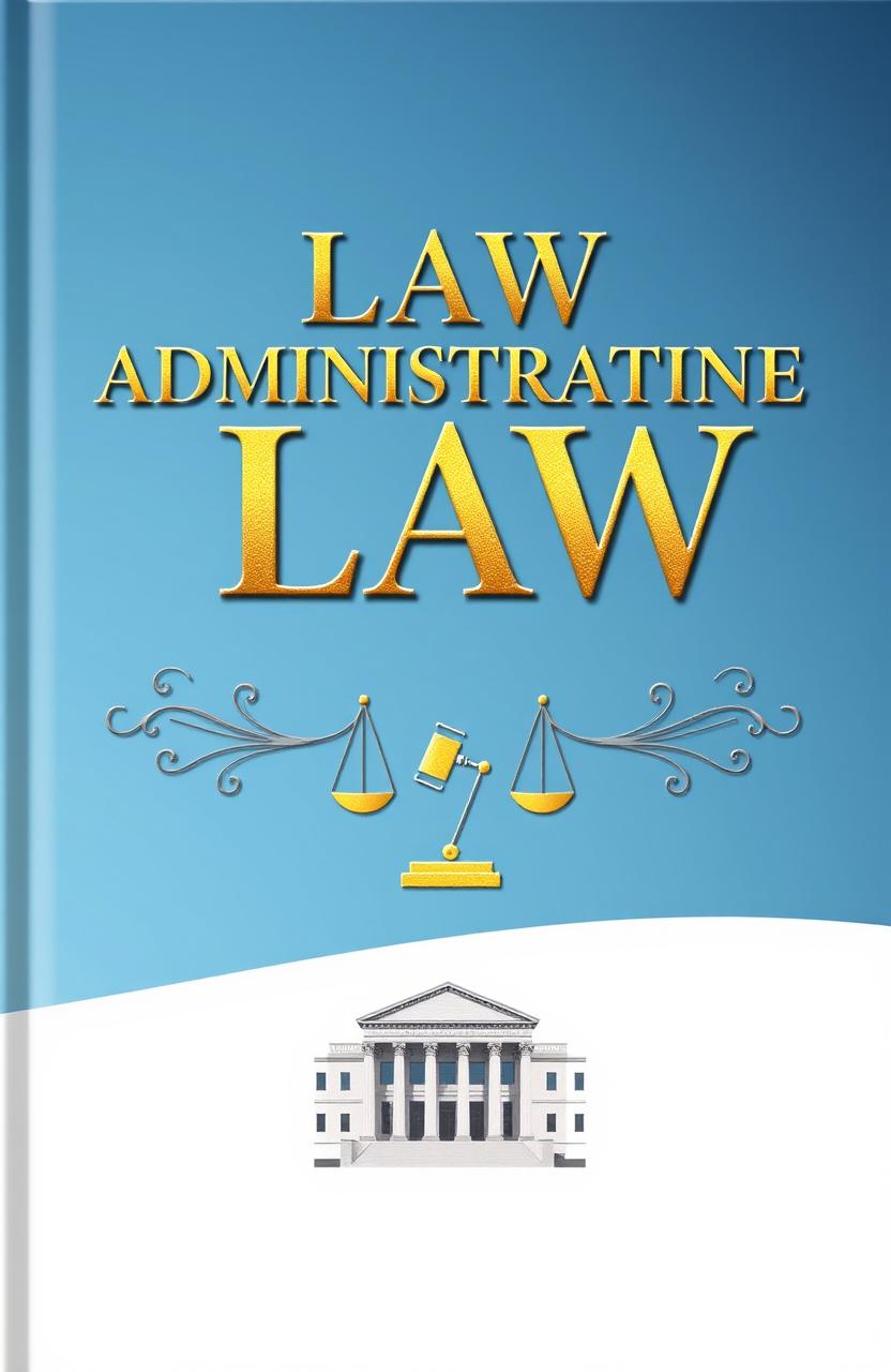 A sophisticated book cover design for an administrative law textbook, featuring a stylized depiction of a gavel and scales of justice