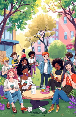 A whimsical and colorful illustration capturing the essence of Millennial culture, featuring diverse young adults engaged in various activities such as using smartphones, working in coffee shops, practicing yoga in the park, and enjoying brunch with friends