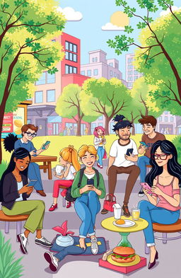 A whimsical and colorful illustration capturing the essence of Millennial culture, featuring diverse young adults engaged in various activities such as using smartphones, working in coffee shops, practicing yoga in the park, and enjoying brunch with friends