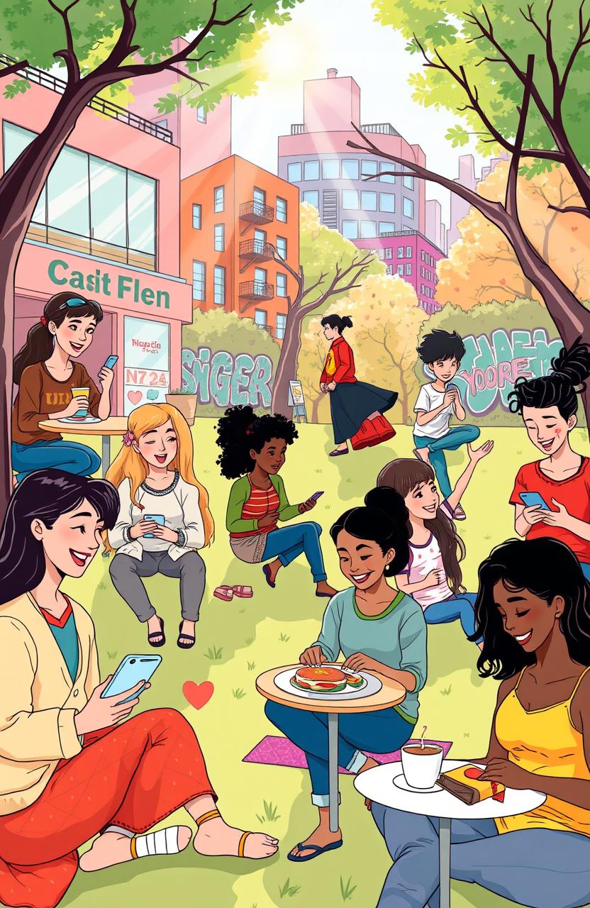 A whimsical and colorful illustration capturing the essence of Millennial culture, featuring diverse young adults engaged in various activities such as using smartphones, working in coffee shops, practicing yoga in the park, and enjoying brunch with friends