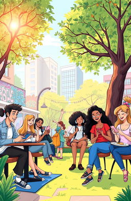 A whimsical and colorful illustration capturing the essence of Millennial culture, featuring diverse young adults engaged in various activities such as using smartphones, working in coffee shops, practicing yoga in the park, and enjoying brunch with friends