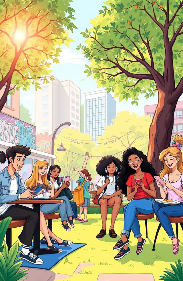 A whimsical and colorful illustration capturing the essence of Millennial culture, featuring diverse young adults engaged in various activities such as using smartphones, working in coffee shops, practicing yoga in the park, and enjoying brunch with friends