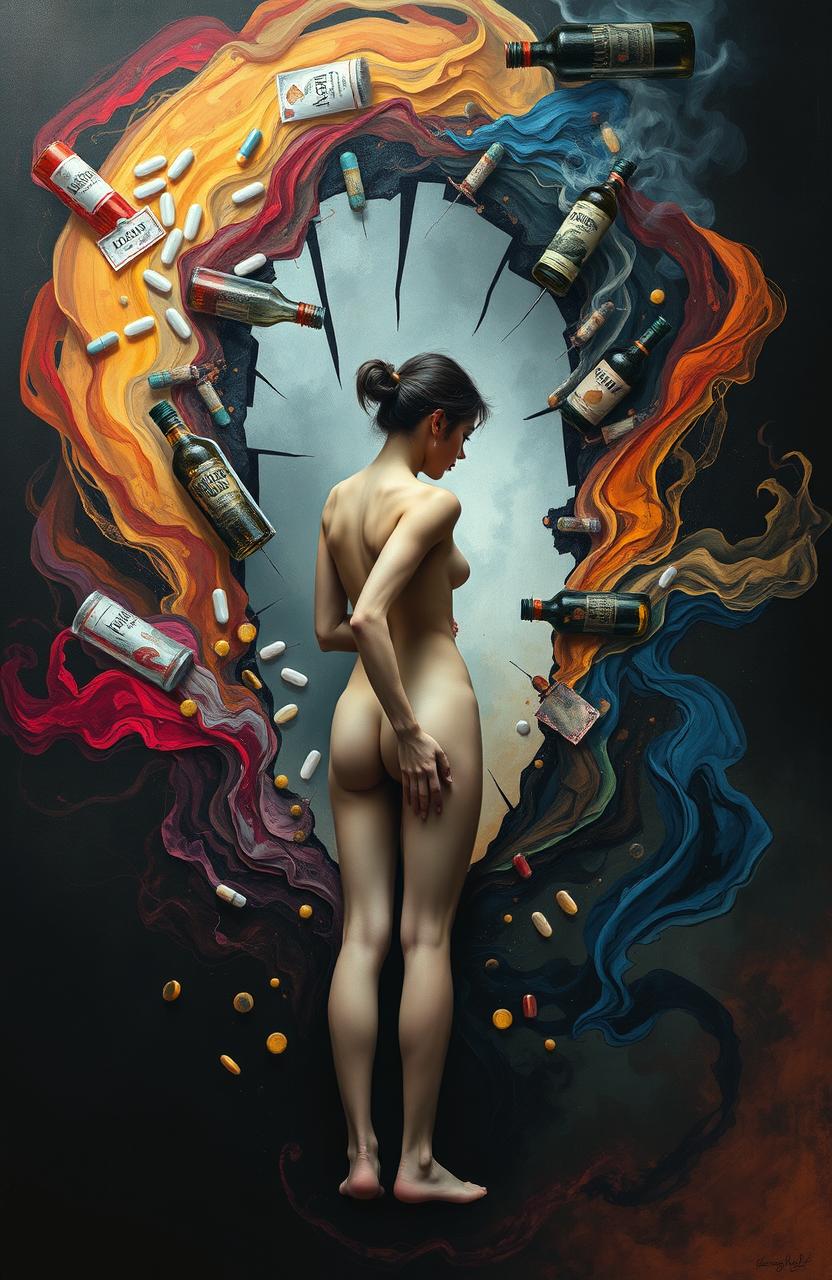 A striking artistic representation exploring the themes of addiction and body image, featuring a figure surrounded by swirling colors and abstract shapes symbolizing the chaos of addiction