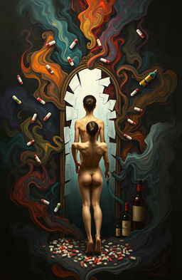 A striking artistic representation exploring the themes of addiction and body image, featuring a figure surrounded by swirling colors and abstract shapes symbolizing the chaos of addiction