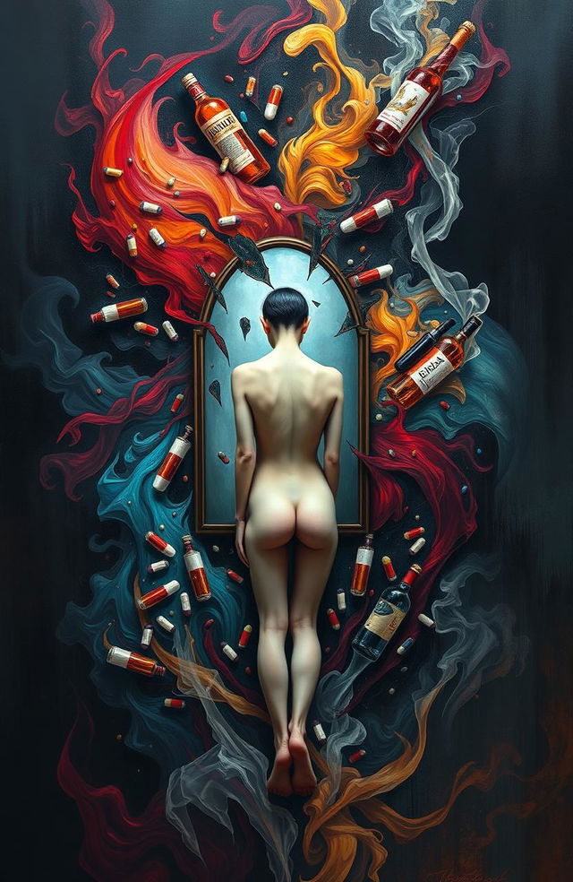 A striking artistic representation exploring the themes of addiction and body image, featuring a figure surrounded by swirling colors and abstract shapes symbolizing the chaos of addiction