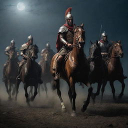 Frightened Roman horsemen, retreating quickly from the battlefield under the cold moonlight. Panic is clearly visible in their demeanor, their armor and horses stark against the dimly lit night.