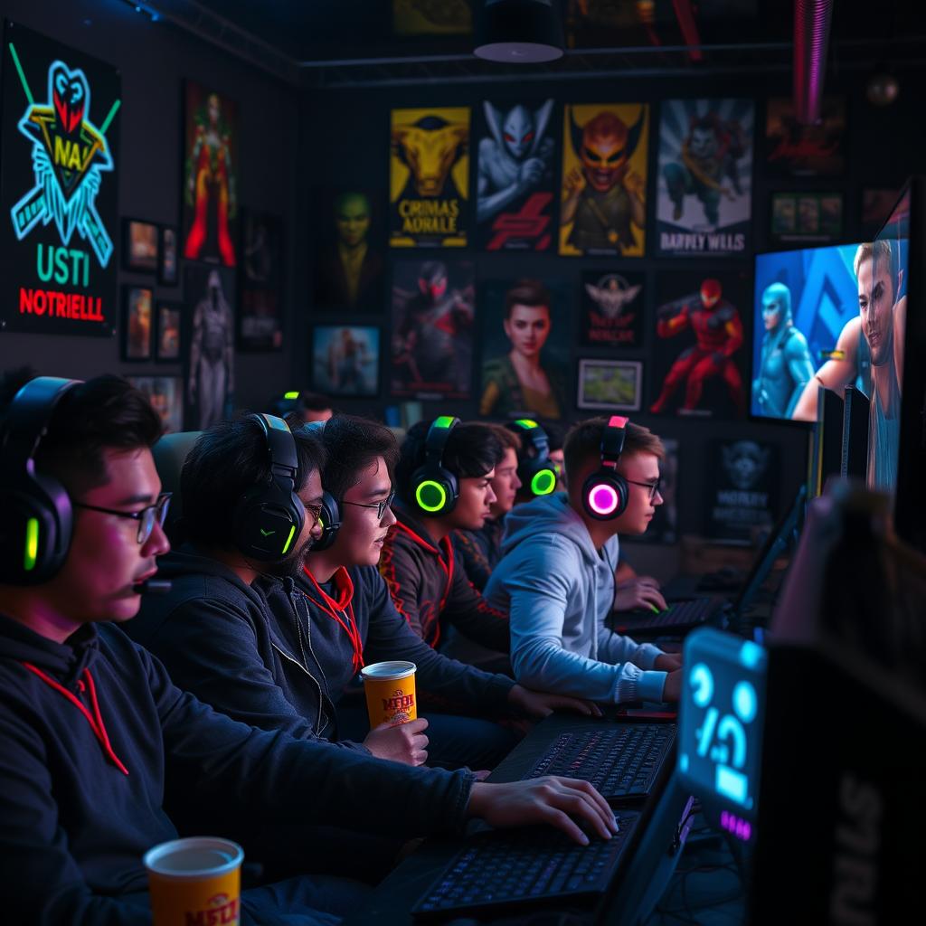 A thrilling gaming scene featuring a diverse group of players intensely engaged in a multiplayer video game session in a dimly lit room