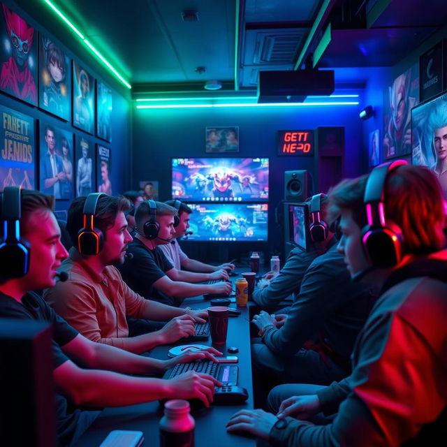 A thrilling gaming scene featuring a diverse group of players intensely engaged in a multiplayer video game session in a dimly lit room