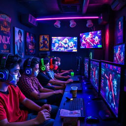 A thrilling gaming scene featuring a diverse group of players intensely engaged in a multiplayer video game session in a dimly lit room