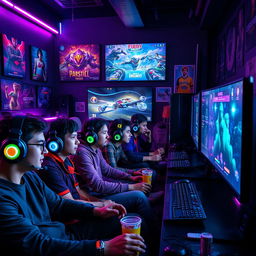 A thrilling gaming scene featuring a diverse group of players intensely engaged in a multiplayer video game session in a dimly lit room