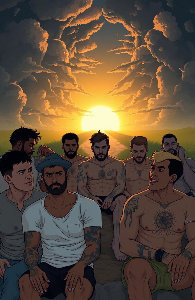 A thoughtful and impactful illustration depicting the theme of drug addiction among men, focusing on the struggles with body image and the future