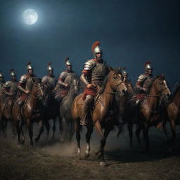 Frightened Roman horsemen, retreating quickly from the battlefield under the cold moonlight. Panic is clearly visible in their demeanor, their armor and horses stark against the dimly lit night.