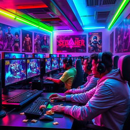 A neon-lit gaming lounge filled with high-end gaming PCs, multiple monitors displaying futuristic game graphics, colorful LED lights illuminating the space