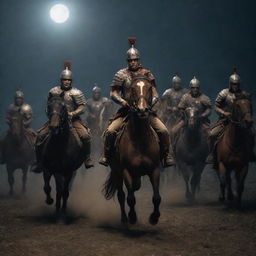 Frightened Roman horsemen, retreating quickly from the battlefield under the cold moonlight. Panic is clearly visible in their demeanor, their armor and horses stark against the dimly lit night.