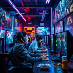 A neon-lit gaming lounge filled with high-end gaming PCs, multiple monitors displaying futuristic game graphics, colorful LED lights illuminating the space