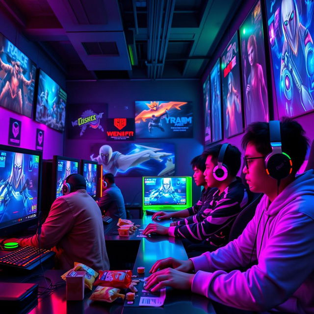 A neon-lit gaming lounge filled with high-end gaming PCs, multiple monitors displaying futuristic game graphics, colorful LED lights illuminating the space