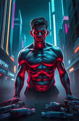 A powerful and emotive digital artwork depicting a man in a futuristic cityscape, struggling with drug addiction