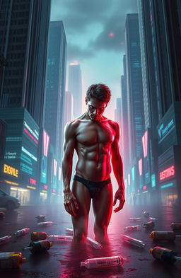 A powerful and emotive digital artwork depicting a man in a futuristic cityscape, struggling with drug addiction