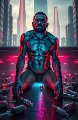 A powerful and emotive digital artwork depicting a man in a futuristic cityscape, struggling with drug addiction