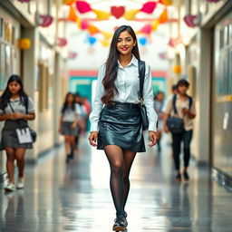 A vibrant full-body portrait of a 16-year-old Indian girl in a stylish school uniform, walking confidently