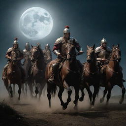 Frightened Roman horsemen, retreating quickly from the battlefield under the cold moonlight. Panic is clearly visible in their demeanor, their armor and horses stark against the dimly lit night.