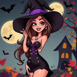 A playful and seductive cartoon woman in a Halloween costume, styled as a sexy witch