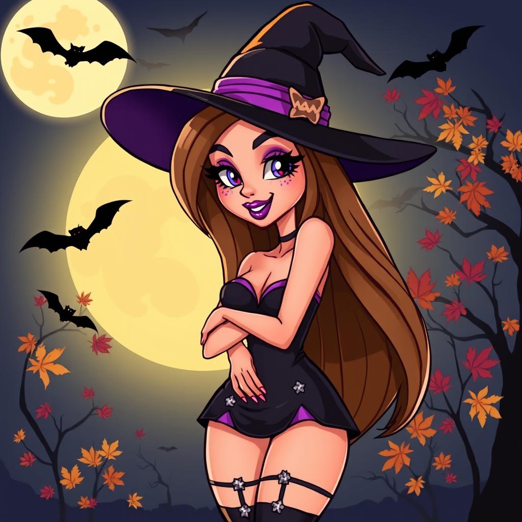 A playful and seductive cartoon woman in a Halloween costume, styled as a sexy witch