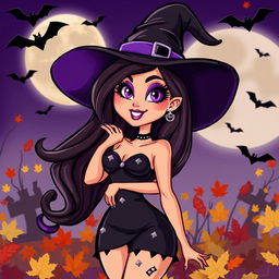 A playful and seductive cartoon woman in a Halloween costume, styled as a sexy witch