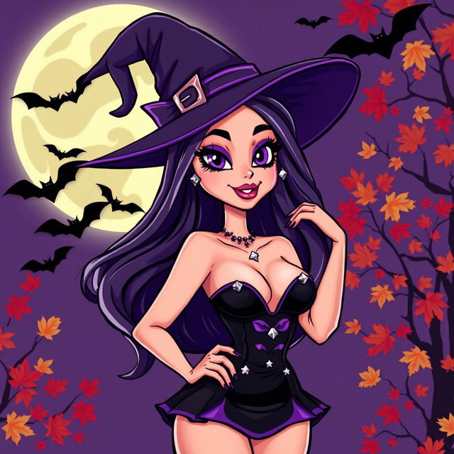 A playful and seductive cartoon woman in a Halloween costume, styled as a sexy witch